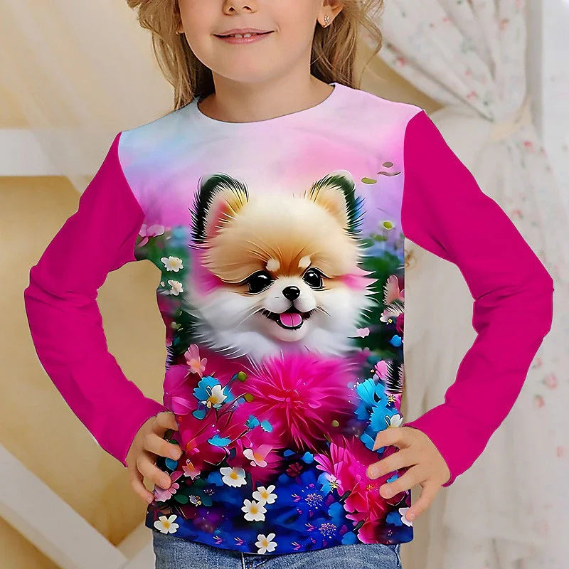 3D Cat Graphic T Shirts Autumn Clothing for Girls O-Neck Streetwear Top Long Sleeve T-Shirt Cartoon Animal Children's T-Shirts