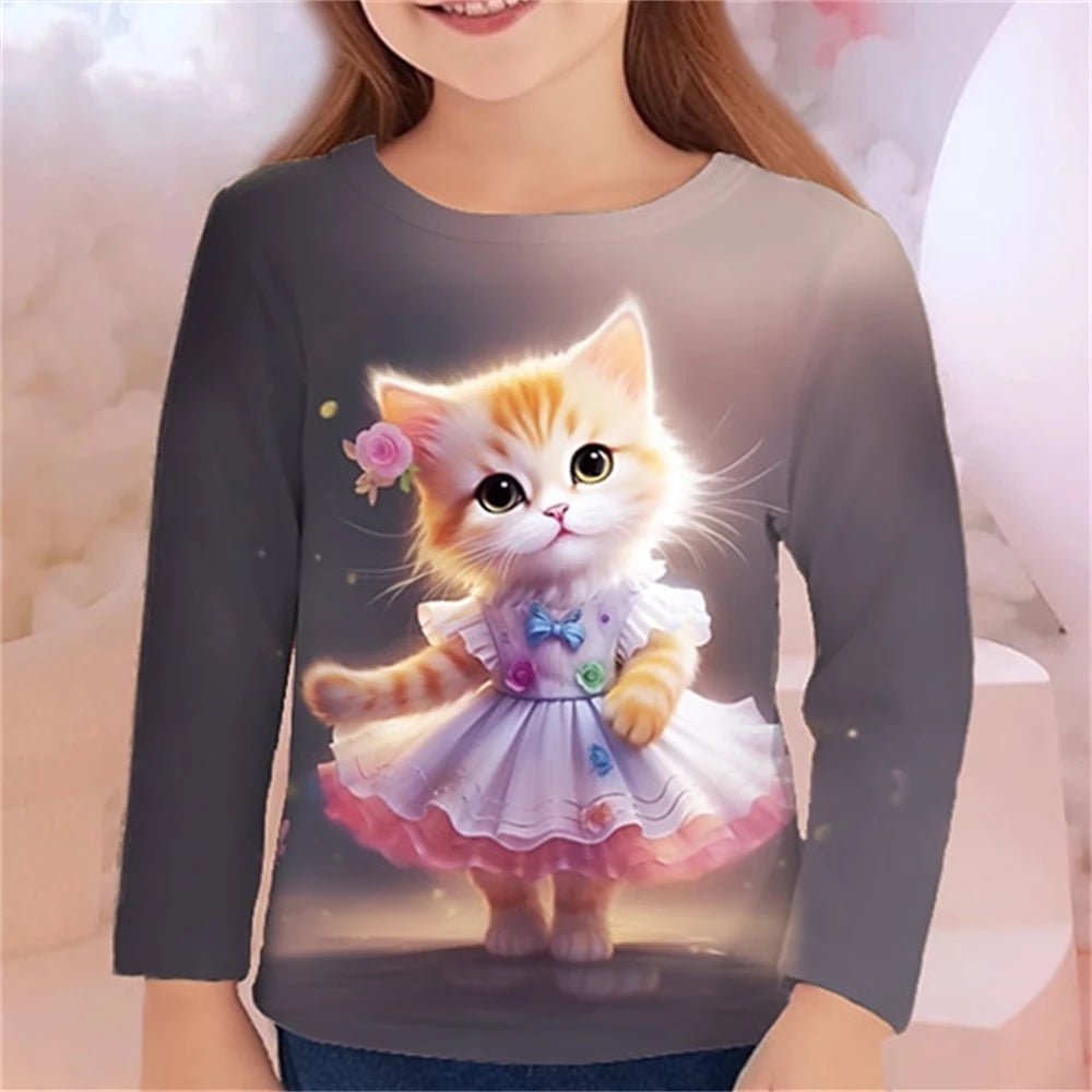 3D Cat Graphic T Shirts Autumn Clothing for Girls O-Neck Streetwear Top Long Sleeve T-Shirt Cartoon Animal Children's T-Shirts