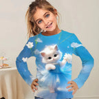 3D Cat Graphic T Shirts Autumn Clothing for Girls O-Neck Streetwear Top Long Sleeve T-Shirt Cartoon Animal Children's T-Shirts