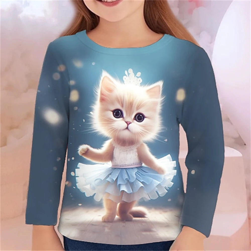 3D Cat Graphic T Shirts Autumn Clothing for Girls O-Neck Streetwear Top Long Sleeve T-Shirt Cartoon Animal Children's T-Shirts