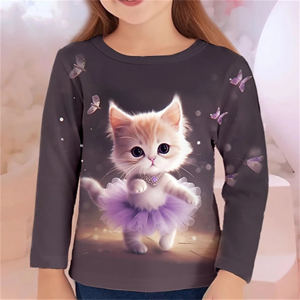 3D Cat Graphic T Shirts Autumn Clothing for Girls O-Neck Streetwear Top Long Sleeve T-Shirt Cartoon Animal Children's T-Shirts