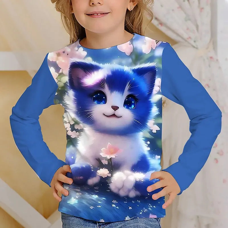 3D Cat Graphic T Shirts Autumn Clothing for Girls O-Neck Streetwear Top Long Sleeve T-Shirt Cartoon Animal Children's T-Shirts