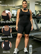 Plus Jumpsuit Womens Strappy Square Neck Tank Top Tummy Control Bodycon Stretch Shorts Jumpsuit Outfits  Shorts Jumpsuit