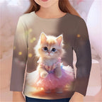 3D Cat Graphic T Shirts Autumn Clothing for Girls O-Neck Streetwear Top Long Sleeve T-Shirt Cartoon Animal Children's T-Shirts