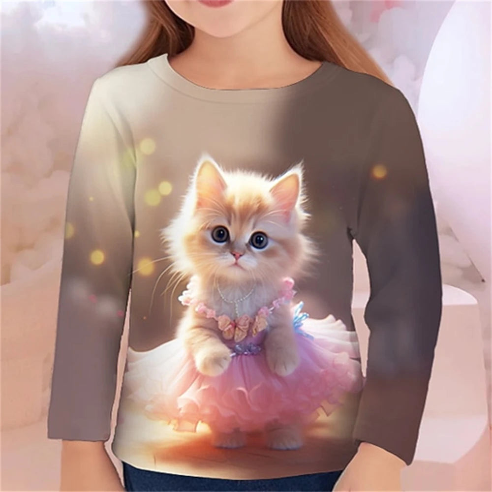 3D Cat Graphic T Shirts Autumn Clothing for Girls O-Neck Streetwear Top Long Sleeve T-Shirt Cartoon Animal Children's T-Shirts