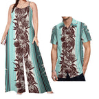 Drop Shipping Samoa Puletasi Casual Women Sling Jumpsuit Match Short Sleeve Aloha Shirt Polynesian Couple Clothes 2pc Set