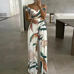Cross Waisted Drop Shoulder Printed Wide Leg Women's Jumpsuit Sehe Fashion
