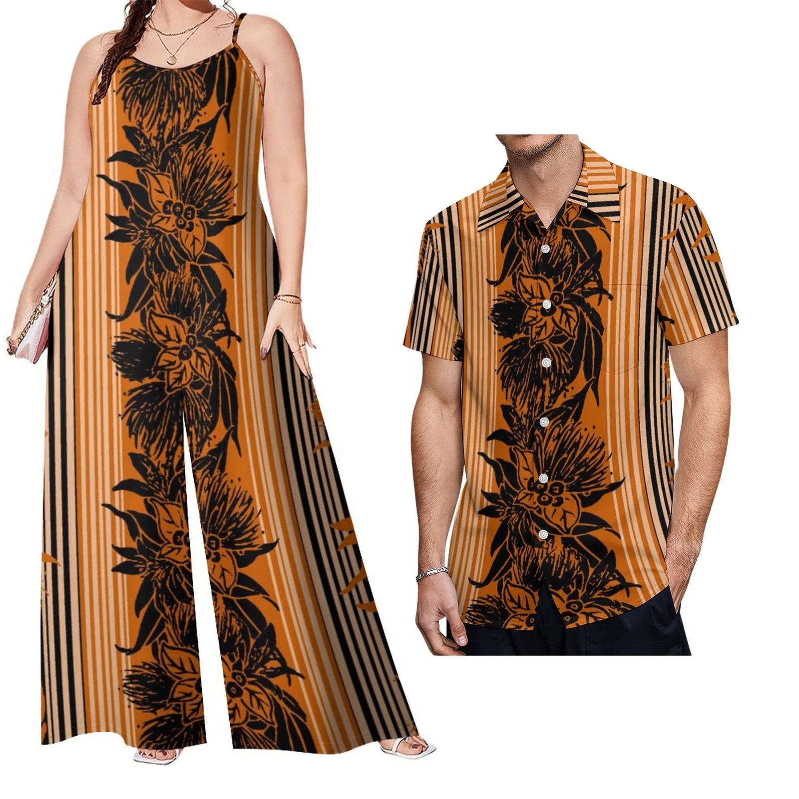 Drop Shipping Samoa Puletasi Casual Women Sling Jumpsuit Match Short Sleeve Aloha Shirt Polynesian Couple Clothes 2pc Set