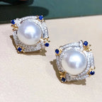 Mikimoto Two-tone 18K Gold Seawater Pearl Stud Earrings Brilliant Cut Blue Sapphire Claw Setting Geometric Classic Wedding