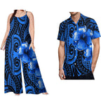 Latest Design Polynesian Men Casual Short Sleeve Shirt and Women Sling Rompers 2 Piece Sets Wholesale Samoan Sets of Couples
