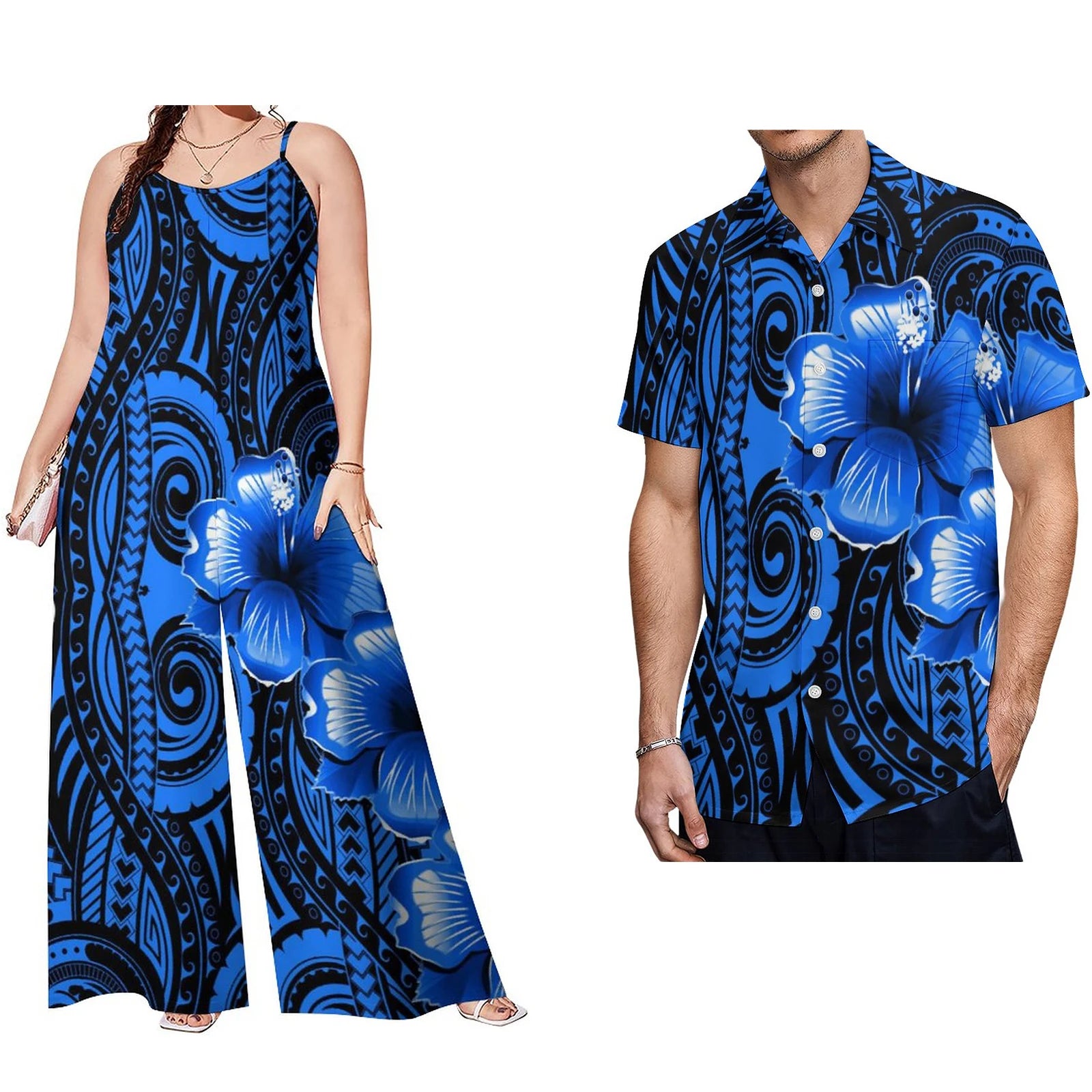Latest Design Polynesian Men Casual Short Sleeve Shirt and Women Sling Rompers 2 Piece Sets Wholesale Samoan Sets of Couples