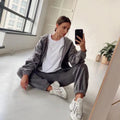 Casual Women Fleece Hoodie Two Piece Sets Hooded Zipper Outerwear And Harem Pant Suit Fall Winter Fashion Streetwear Tracksuit