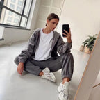 Casual Women Fleece Hoodie Two Piece Sets Hooded Zipper Outerwear And Harem Pant Suit Fall Winter Fashion Streetwear Tracksuit