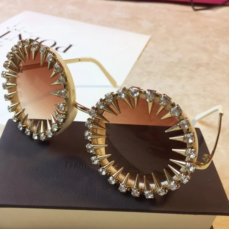 Retro Round Punk Style Sunglasses Women 2021 Metal Diamond Sun Glasses Gold Bullet Crystal Exaggeration Eyewear Glasses UV400