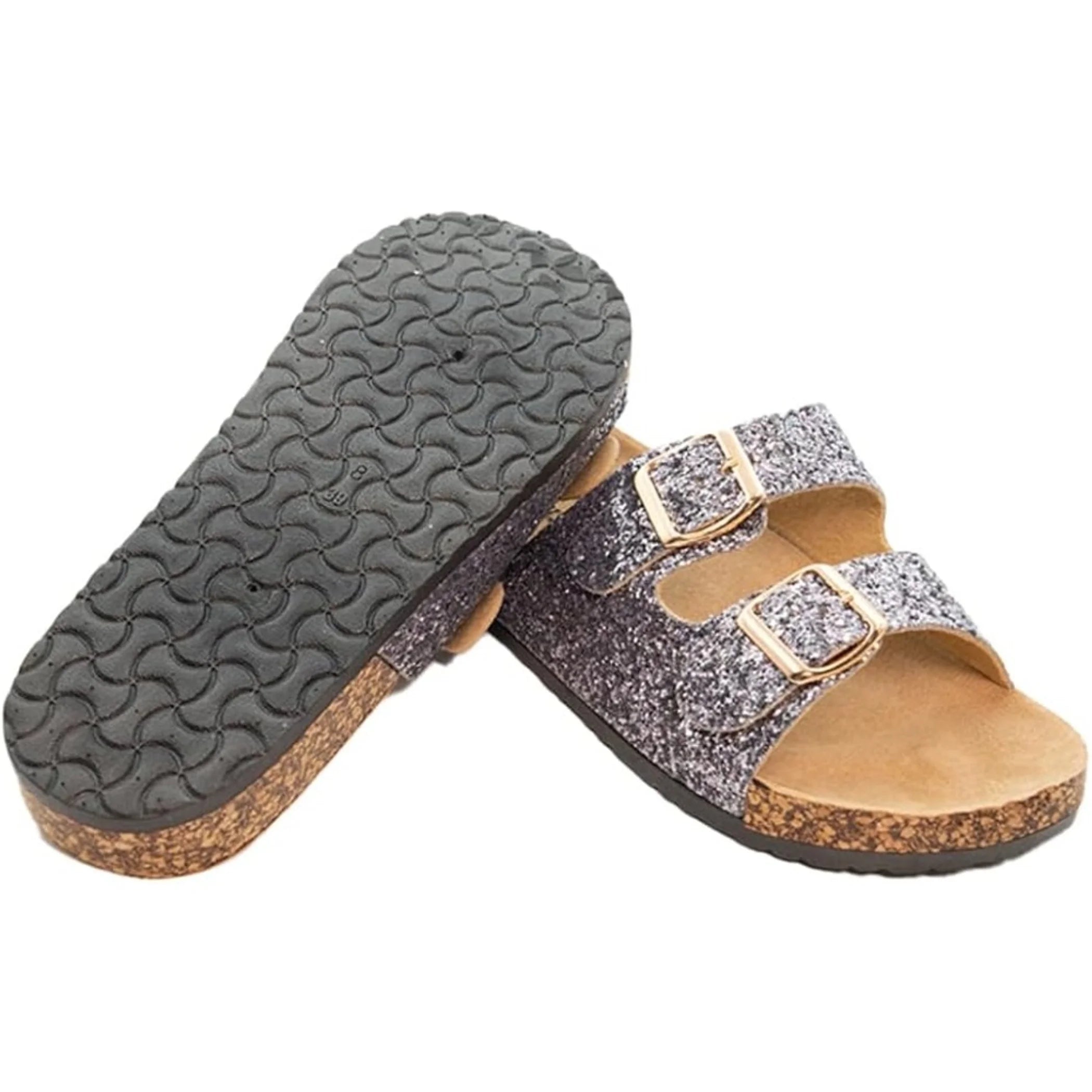 TD Women's Glitter Comfort Casual Summer Sandals Double Buckle Adjustable Straps Flat Slides Footbed Suede