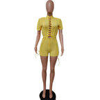 ANSKZTN Women Fashion Bodycon Solid O Neck Hollow Out Bandage Short Sleeve Rompers Jumpsuit