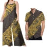 Drop Shipping Samoa Puletasi Casual Women Sling Jumpsuit Match Short Sleeve Aloha Shirt Polynesian Couple Clothes 2pc Set