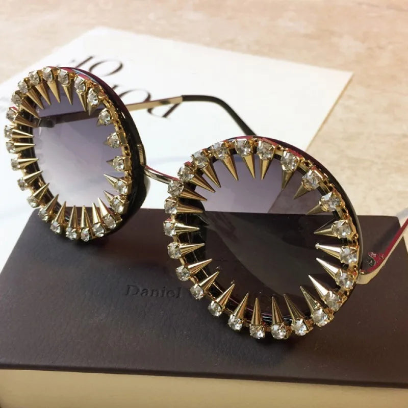 Retro Round Punk Style Sunglasses Women 2021 Metal Diamond Sun Glasses Gold Bullet Crystal Exaggeration Eyewear Glasses UV400