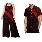 Latest Design Polynesian Men Casual Short Sleeve Shirt and Women Sling Rompers 2 Piece Sets Wholesale Samoan Sets of Couples
