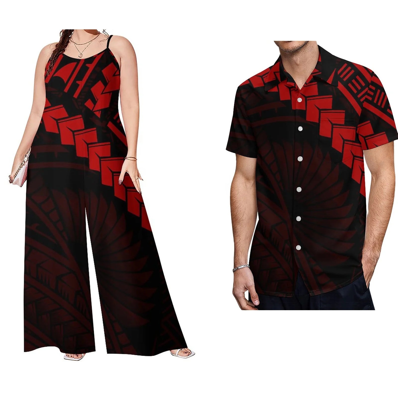 Latest Design Polynesian Men Casual Short Sleeve Shirt and Women Sling Rompers 2 Piece Sets Wholesale Samoan Sets of Couples