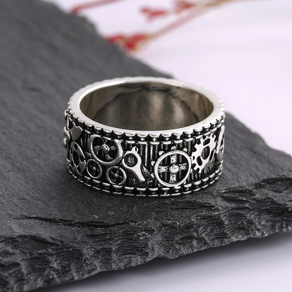 F641 Men's Stainless Steel Ring Antique Silver Plated Screw Pattern Fashion Ring Gift Jewelry