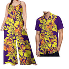 Drop Shipping Samoa Puletasi Casual Women Sling Jumpsuit Match Short Sleeve Aloha Shirt Polynesian Couple Clothes 2pc Set