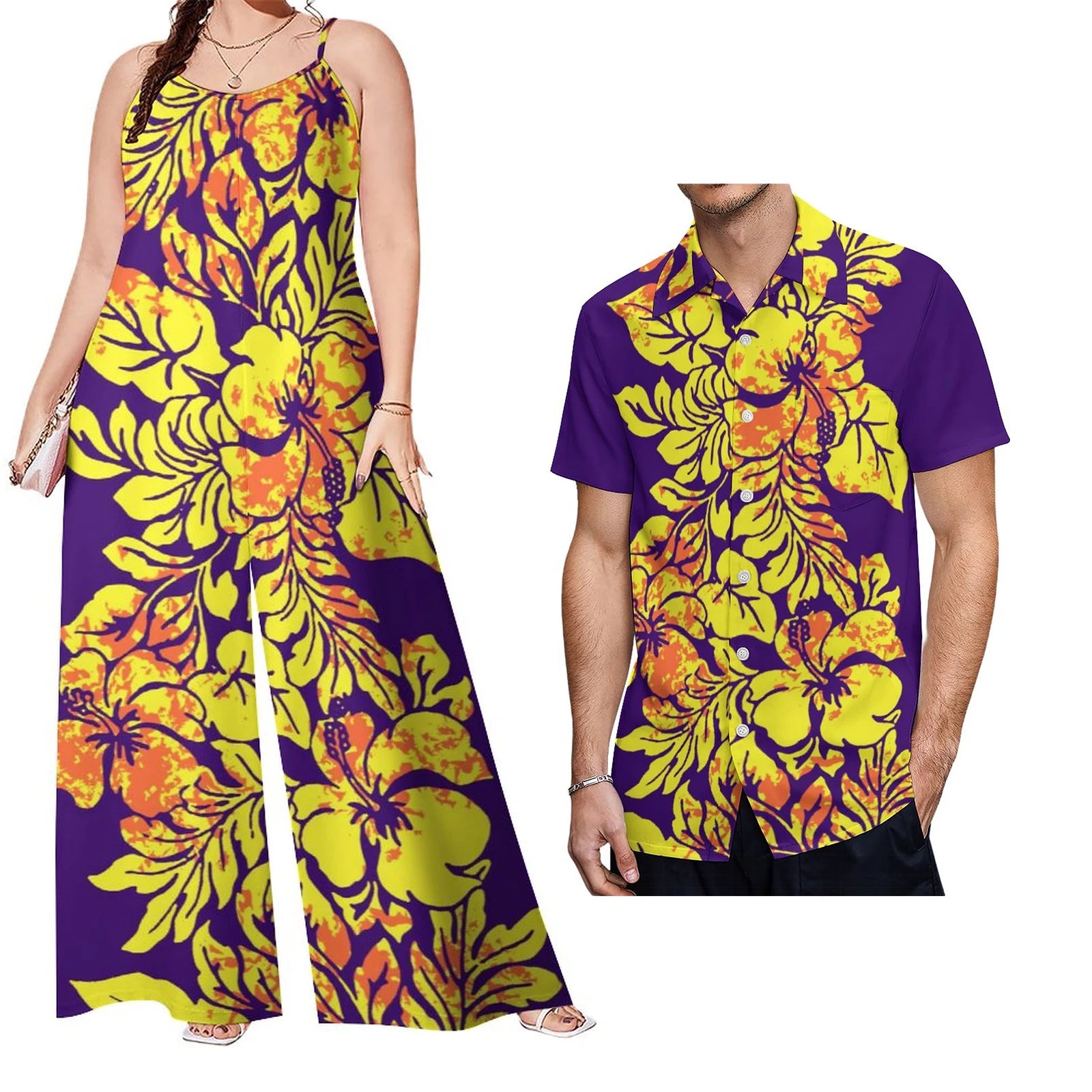 Drop Shipping Samoa Puletasi Casual Women Sling Jumpsuit Match Short Sleeve Aloha Shirt Polynesian Couple Clothes 2pc Set
