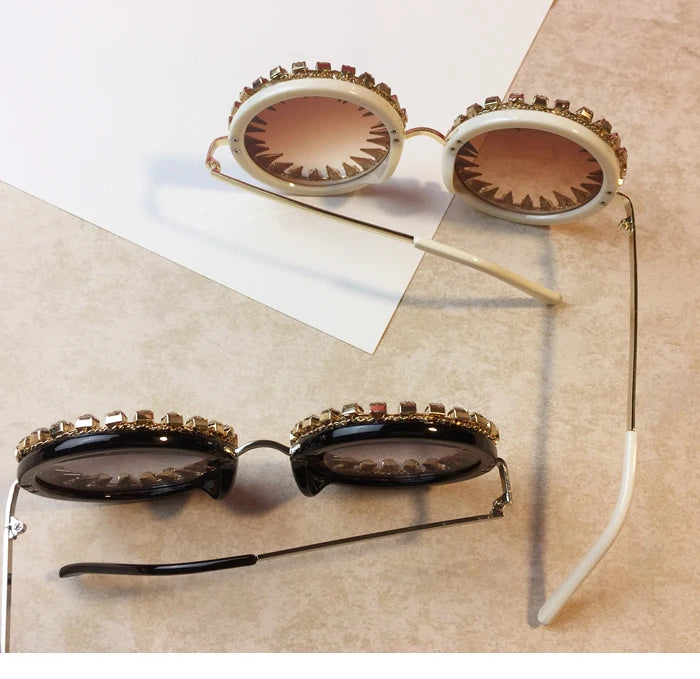 Retro Round Punk Style Sunglasses Women 2021 Metal Diamond Sun Glasses Gold Bullet Crystal Exaggeration Eyewear Glasses UV400