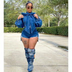 Liu Ming New Women Casual Lantern Sleeve Bodysuit Denim Jean Short Jumpsuit