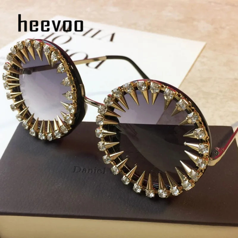 Retro Round Punk Style Sunglasses Women 2021 Metal Diamond Sun Glasses Gold Bullet Crystal Exaggeration Eyewear Glasses UV400
