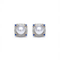 Mikimoto Two-tone 18K Gold Seawater Pearl Stud Earrings Brilliant Cut Blue Sapphire Claw Setting Geometric Classic Wedding