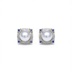 Mikimoto Two-tone 18K Gold Seawater Pearl Stud Earrings Brilliant Cut Blue Sapphire Claw Setting Geometric Classic Wedding