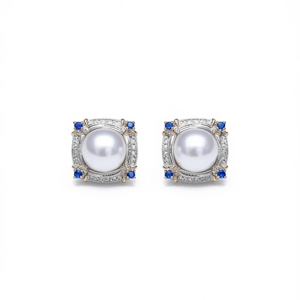 Mikimoto Two-tone 18K Gold Seawater Pearl Stud Earrings Brilliant Cut Blue Sapphire Claw Setting Geometric Classic Wedding