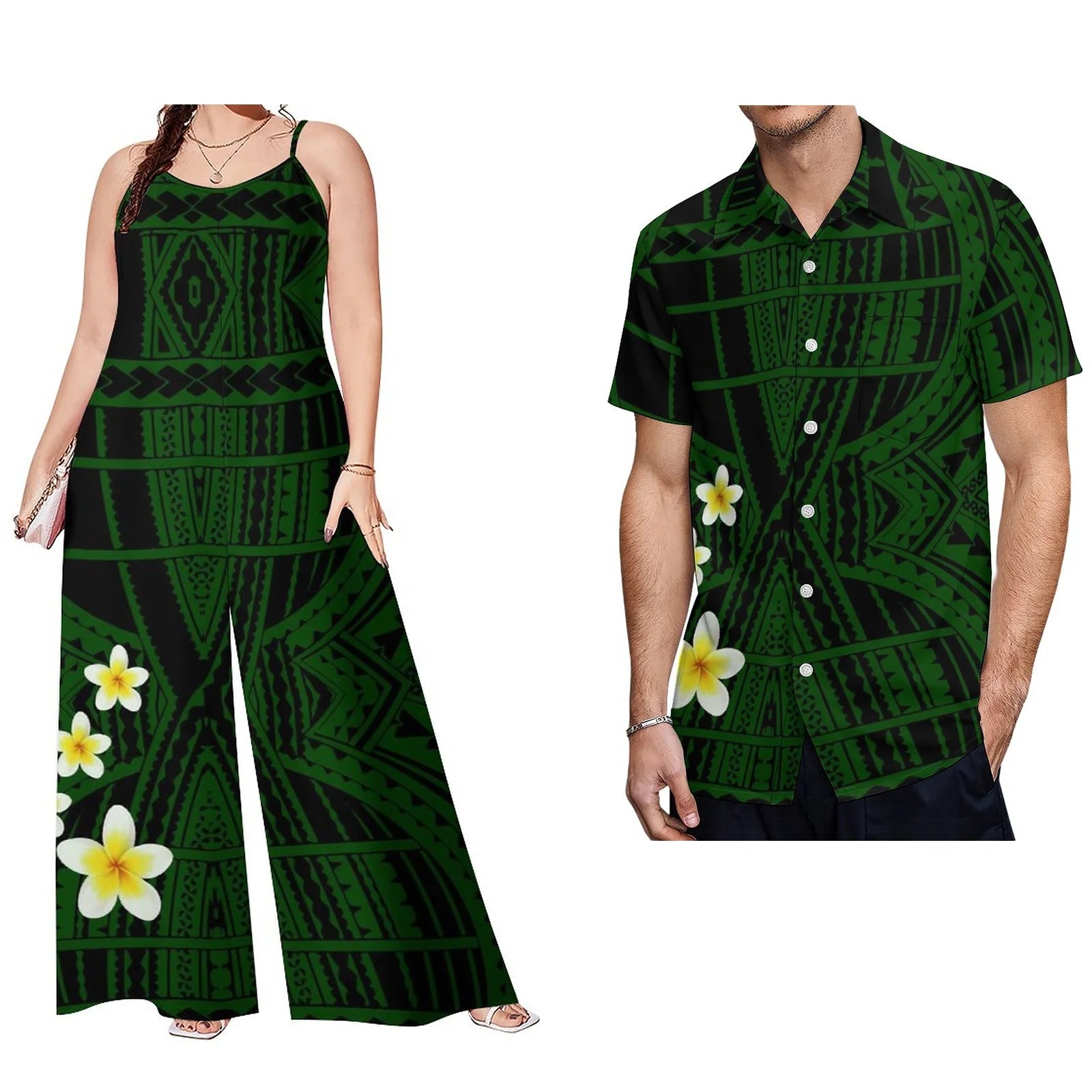 Latest Design Polynesian Men Casual Short Sleeve Shirt and Women Sling Rompers 2 Piece Sets Wholesale Samoan Sets of Couples