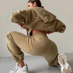 Casual Women Fleece Hoodie Two Piece Sets Hooded Zipper Outerwear And Harem Pant Suit Fall Winter Fashion Streetwear Tracksuit
