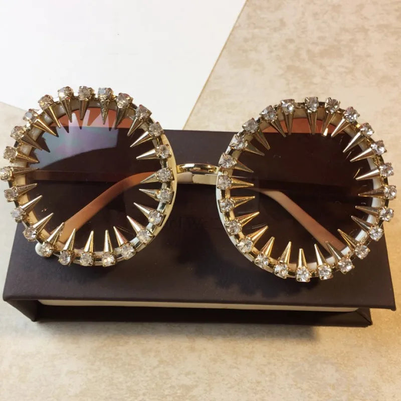 Retro Round Punk Style Sunglasses Women 2021 Metal Diamond Sun Glasses Gold Bullet Crystal Exaggeration Eyewear Glasses UV400
