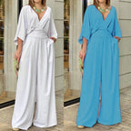 Summer Fall Long Sleeve Wide Leg Elegant V Neck Playsuit Jumpsuit Wholesale Women