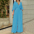 Summer Fall Long Sleeve Wide Leg Elegant V Neck Playsuit Jumpsuit Wholesale Women