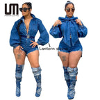 Liu Ming New Women Casual Lantern Sleeve Bodysuit Denim Jean Short Jumpsuit