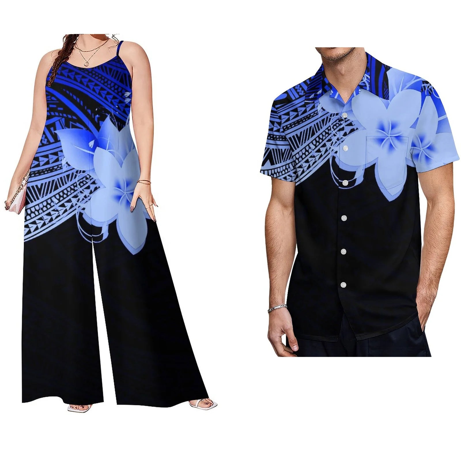 Latest Design Polynesian Men Casual Short Sleeve Shirt and Women Sling Rompers 2 Piece Sets Wholesale Samoan Sets of Couples