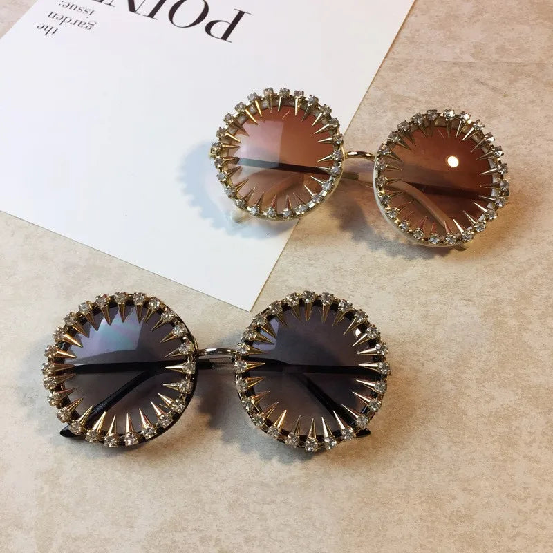 Retro Round Punk Style Sunglasses Women 2021 Metal Diamond Sun Glasses Gold Bullet Crystal Exaggeration Eyewear Glasses UV400