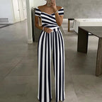 Cross Waisted Drop Shoulder Printed Wide Leg Women's Jumpsuit Sehe Fashion