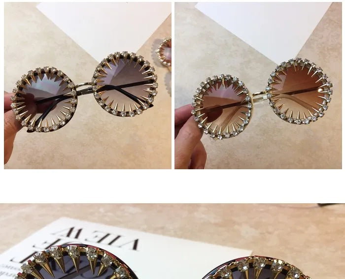 Retro Round Punk Style Sunglasses Women 2021 Metal Diamond Sun Glasses Gold Bullet Crystal Exaggeration Eyewear Glasses UV400