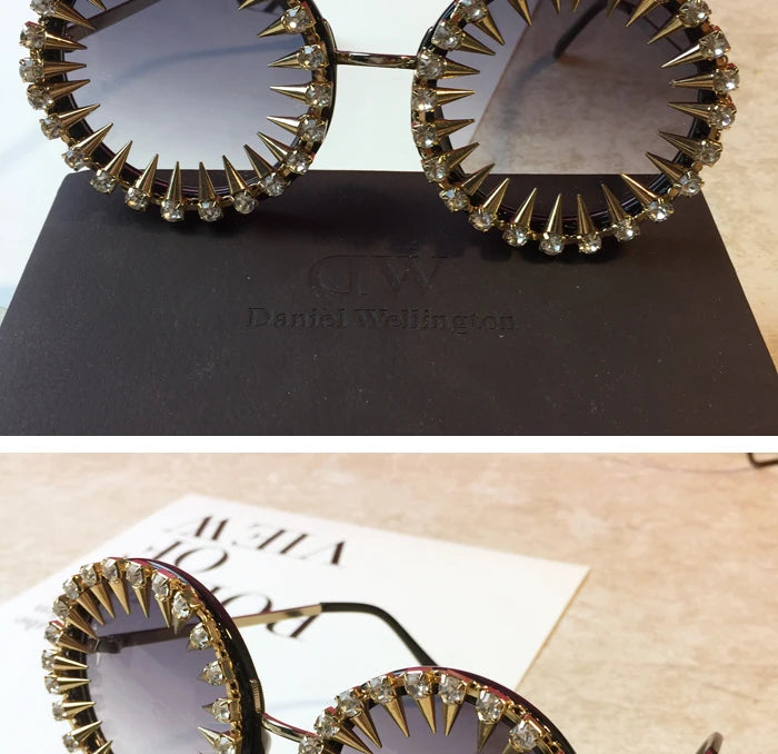 Retro Round Punk Style Sunglasses Women 2021 Metal Diamond Sun Glasses Gold Bullet Crystal Exaggeration Eyewear Glasses UV400