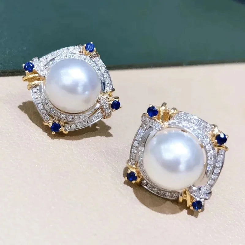 Mikimoto Two-tone 18K Gold Seawater Pearl Stud Earrings Brilliant Cut Blue Sapphire Claw Setting Geometric Classic Wedding