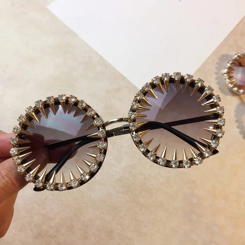 Retro Round Punk Style Sunglasses Women 2021 Metal Diamond Sun Glasses Gold Bullet Crystal Exaggeration Eyewear Glasses UV400