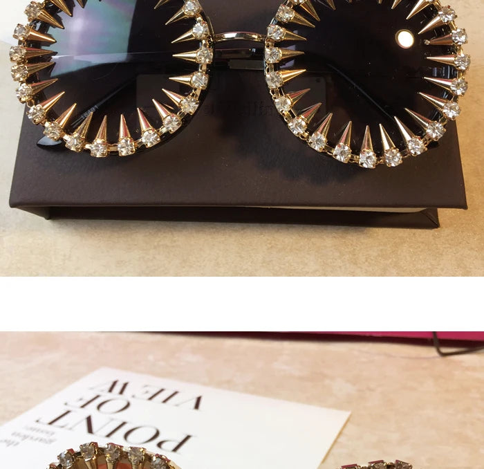 Retro Round Punk Style Sunglasses Women 2021 Metal Diamond Sun Glasses Gold Bullet Crystal Exaggeration Eyewear Glasses UV400