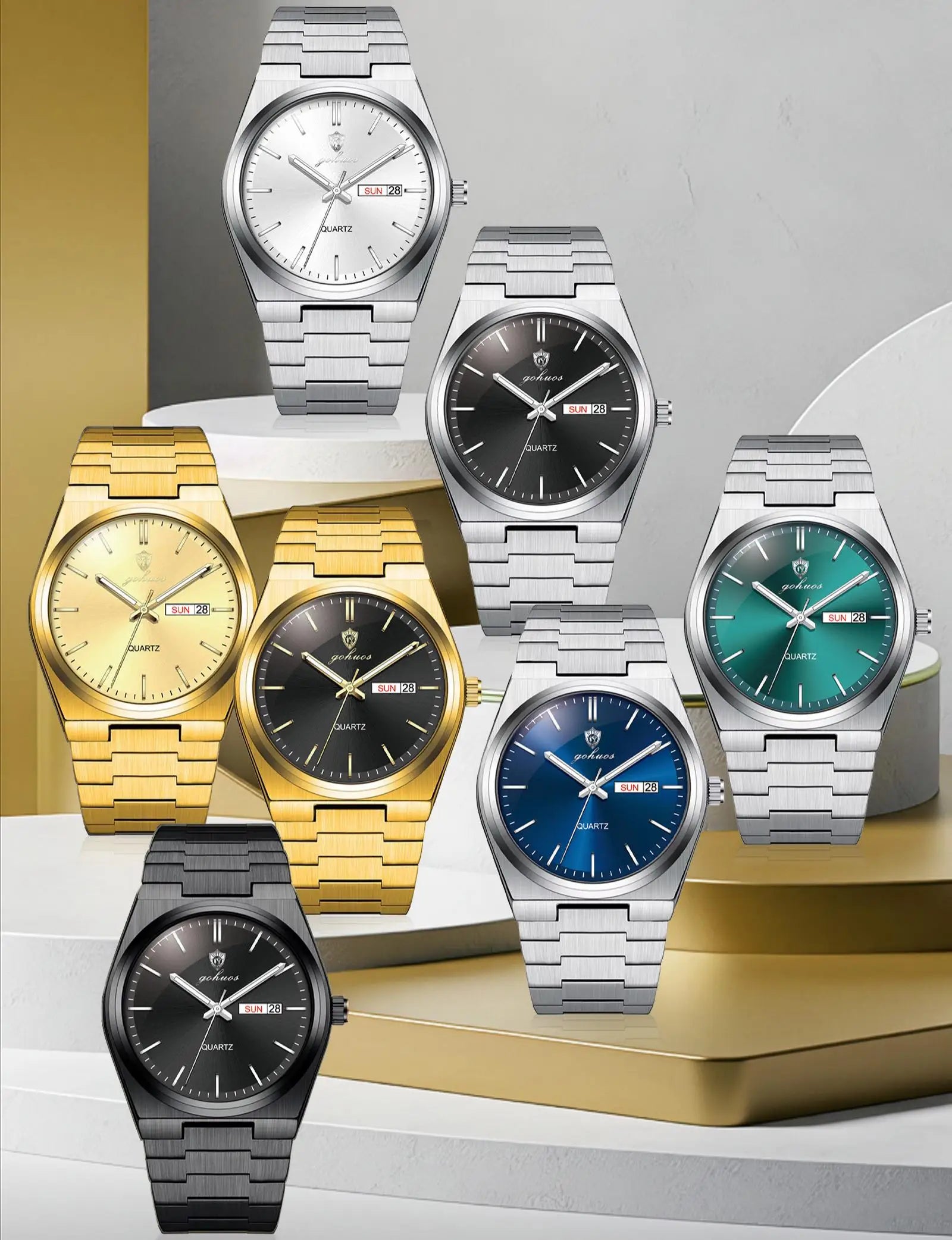 Gohuos 8807 Men's Quartz Watch Stainless Steel Band 30M Water Resistant 40MM Dial Butterfly Clasp Business Reloj Watches for Men