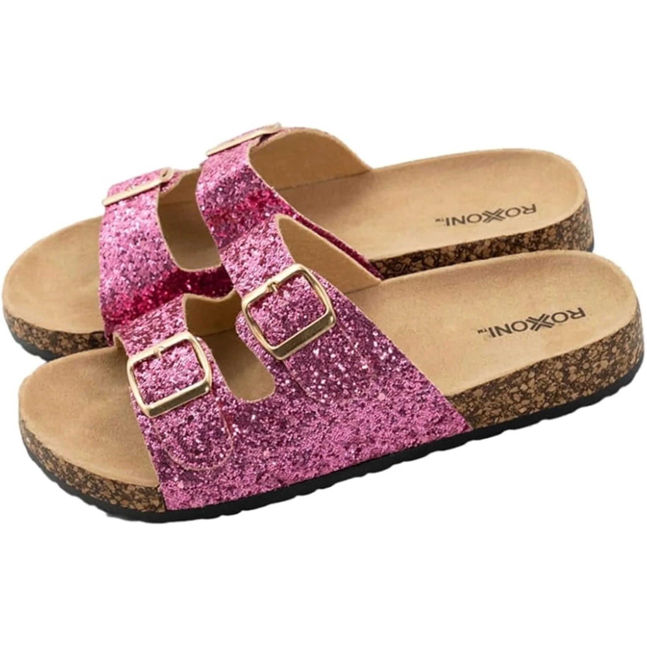 TD Women's Glitter Comfort Casual Summer Sandals Double Buckle Adjustable Straps Flat Slides Footbed Suede