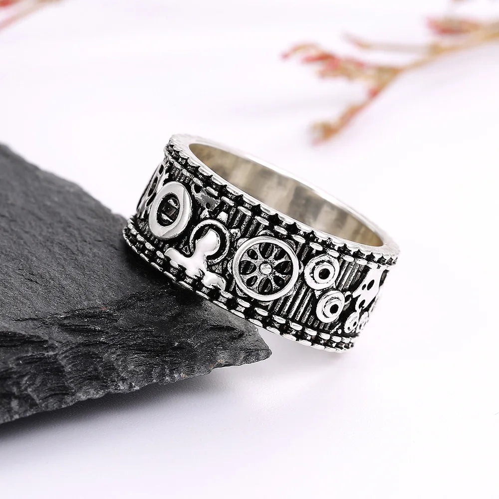 F641 Men's Stainless Steel Ring Antique Silver Plated Screw Pattern Fashion Ring Gift Jewelry
